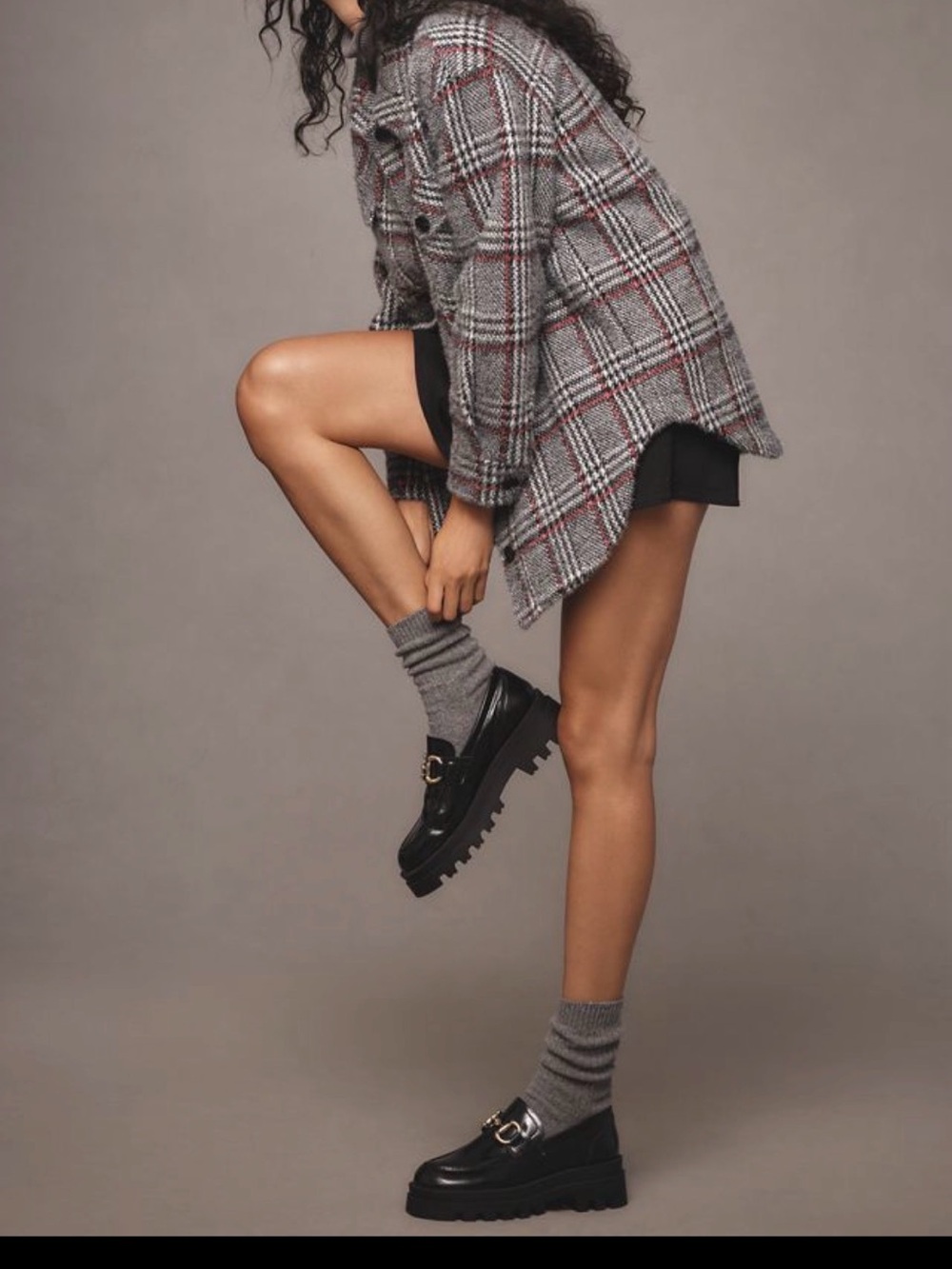 Greylin Gray Plaid Wool-Blend Shacket with Red Accent